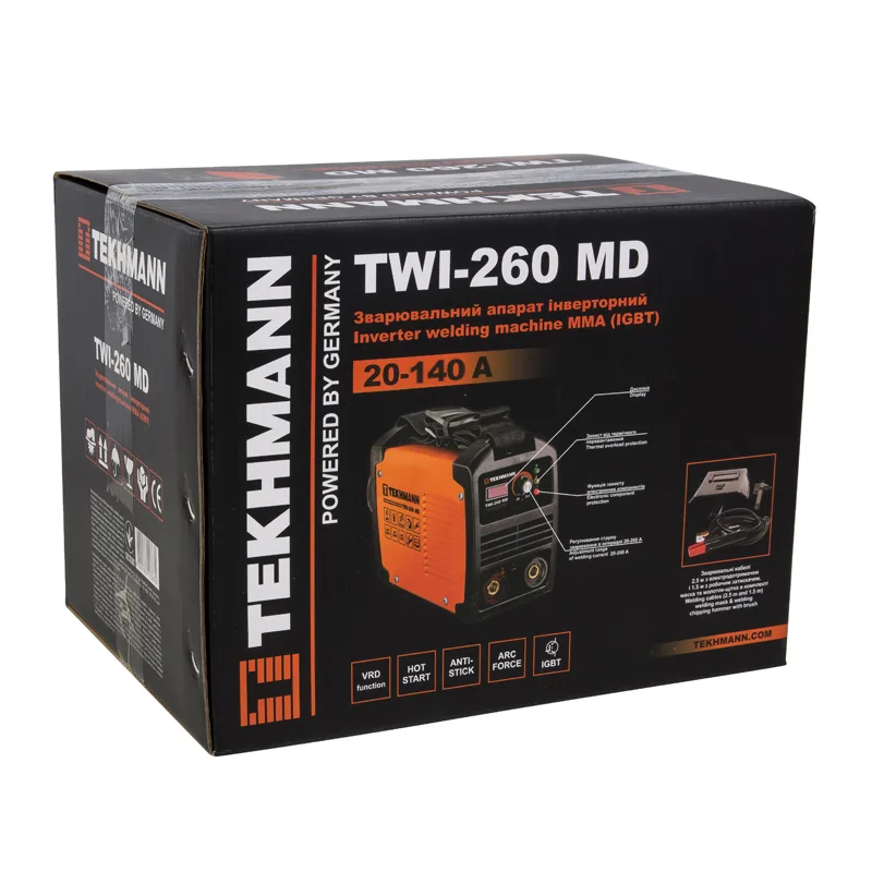 Інверторний зварювальний апарат Tekhmann TWI-260 MD, 140А, 5.2кВт, 170-270В, вага 4кг.