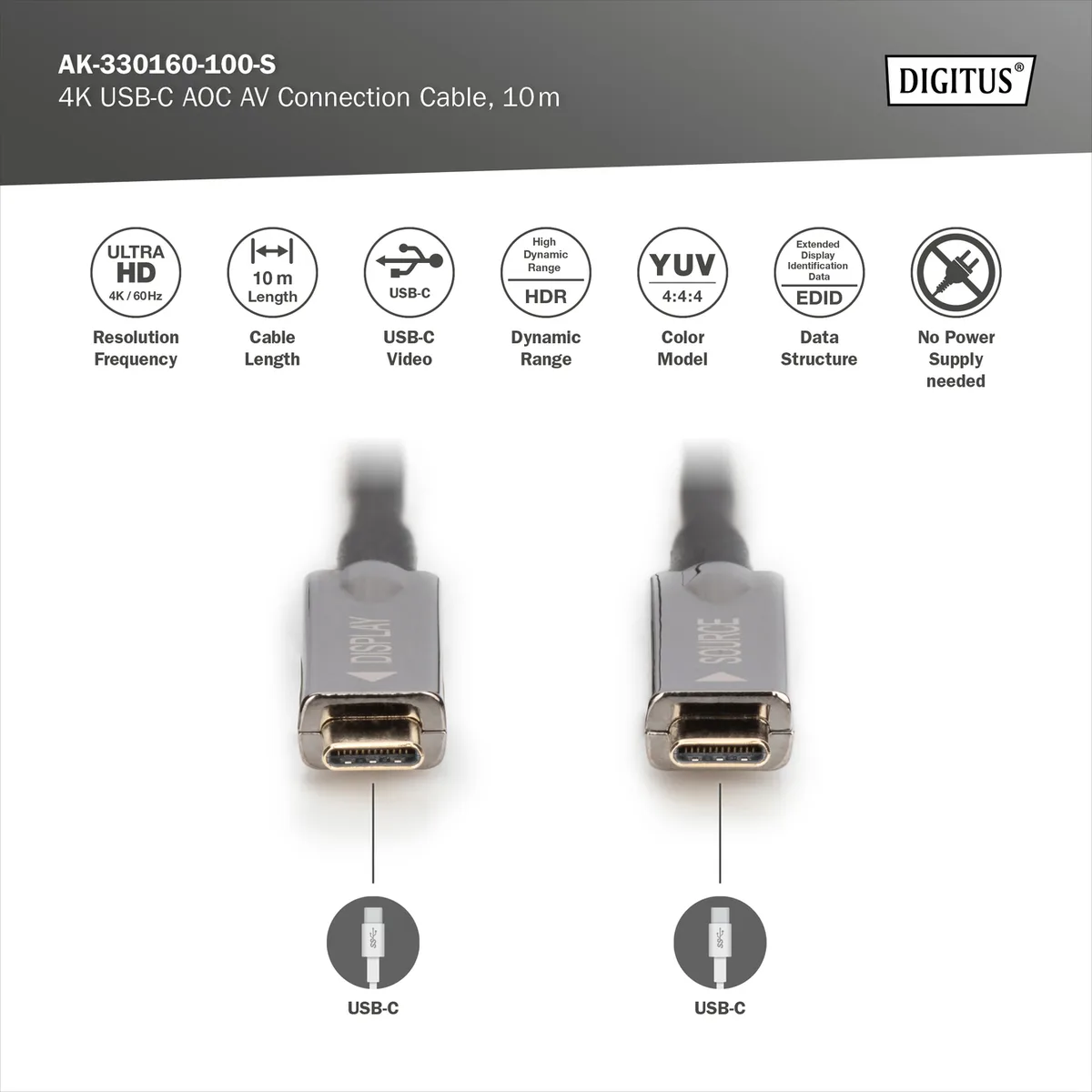 Кабель DIGITUS USB-C UHD 4K, AOC hybrid-fiber, type C M/M, 10м, чорний