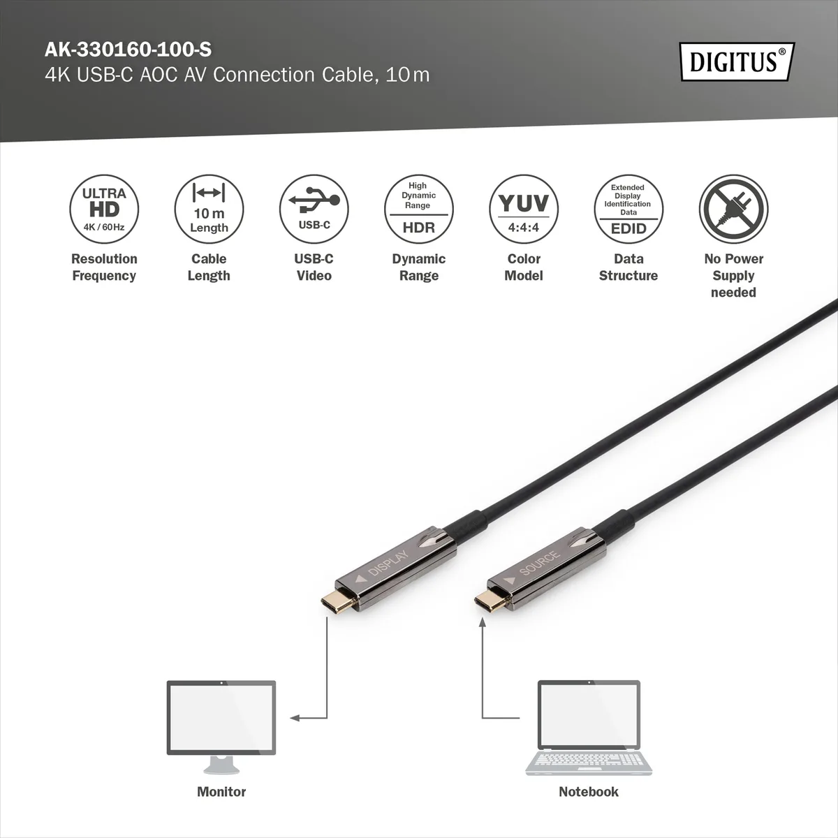 Кабель DIGITUS USB-C UHD 4K, AOC hybrid-fiber, type C M/M, 10м, чорний