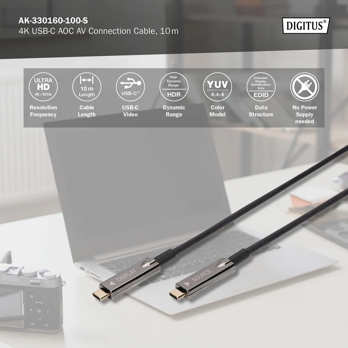 Кабель DIGITUS USB-C UHD 4K, AOC hybrid-fiber, type C M/M, 10м, чорний