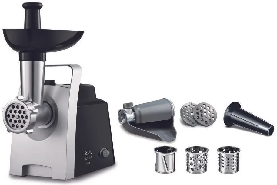 М'ясорубка Tefal 1400Вт пластик 1.7кг/хв чорна 7в1 з насадками для ковбас томатів терки