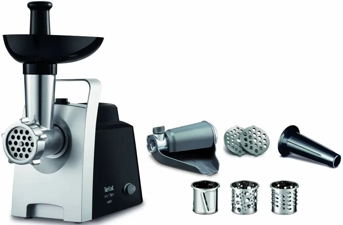 М'ясорубка Tefal 1400Вт пластик 1.7кг/хв чорна 7в1 з насадками для ковбас томатів терки