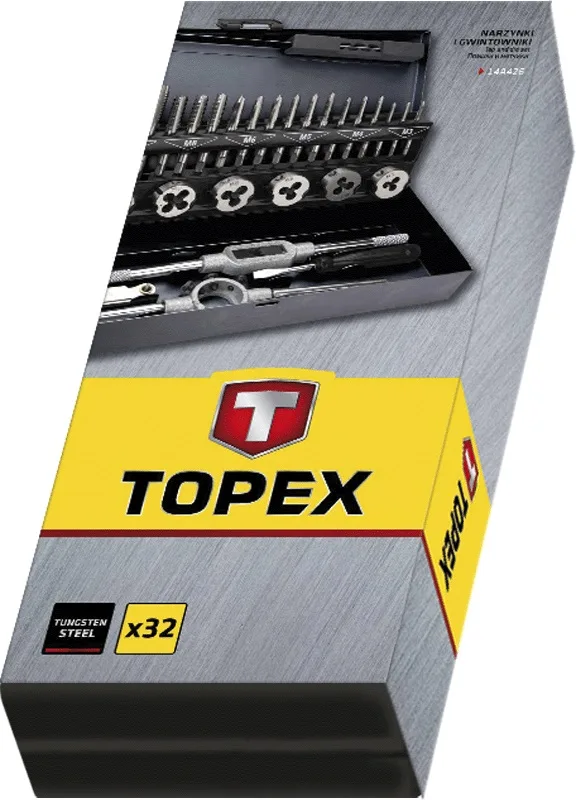 Набір плашок і мітчиків TOPEX, M3-M12, з кроком різьблення 0.5-1.75 мм, вольфрамова сталь, металевий кейс, 32 шт.