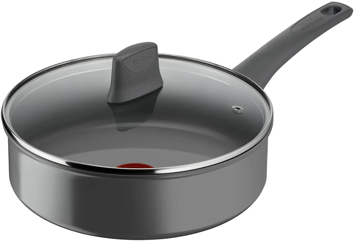 Сковорода з кришкою Tefal Renewal, 24 см, алюмінієва, бакелітова ручка, скляна кришка, сірого кольору.