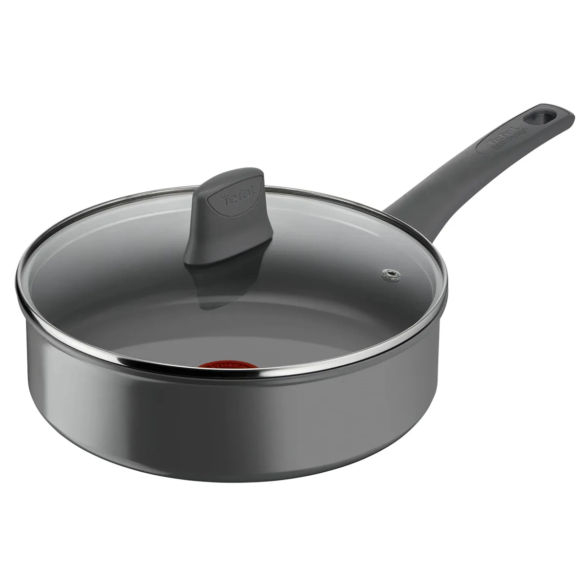 Сковорода з кришкою Tefal Renewal, 24 см, алюмінієва, бакелітова ручка, скляна кришка, сірого кольору.