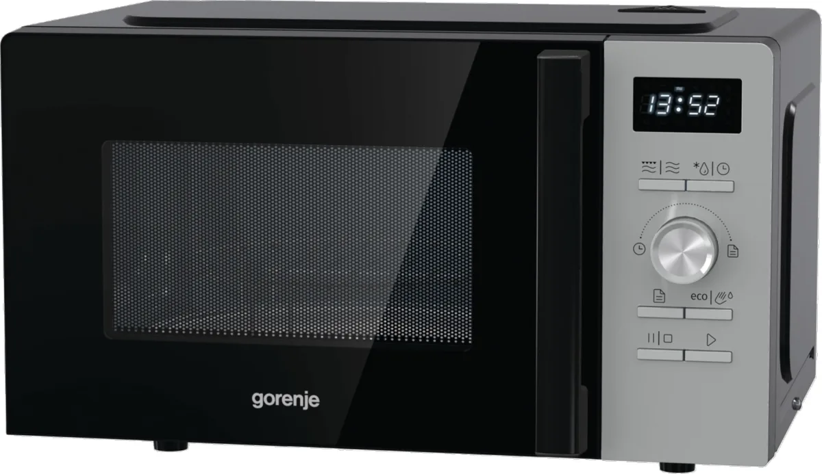 Мікрохвильова піч Gorenje, 20 л, електронне керування, 800 Вт, функція гриля, дисплей, 11 автоматичних програм, нержавіюча сталь.