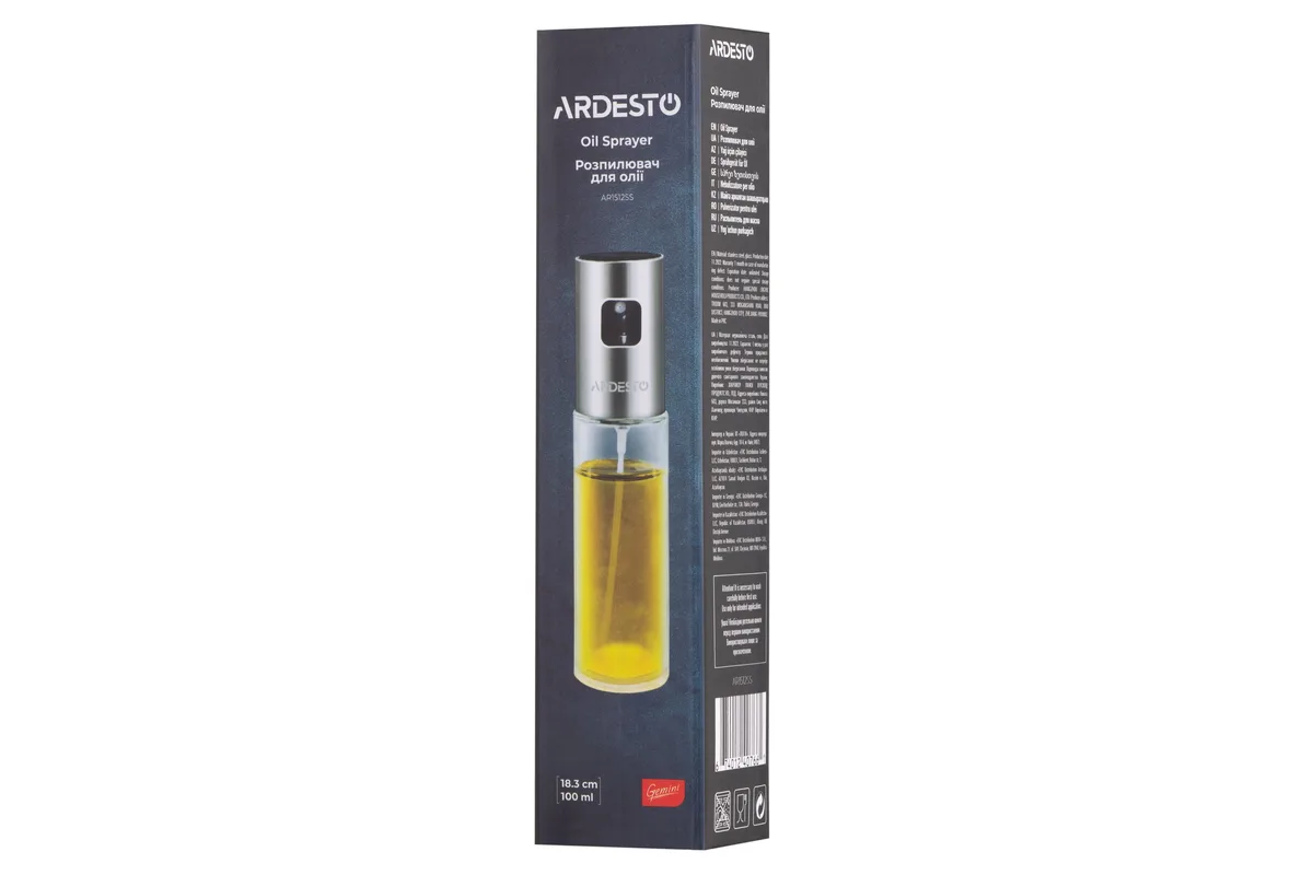 Розпилювач для олії та оцту ARDESTO Gemini, 100 мл, скляний, з нержавіючої сталі та пластику, прозорий.