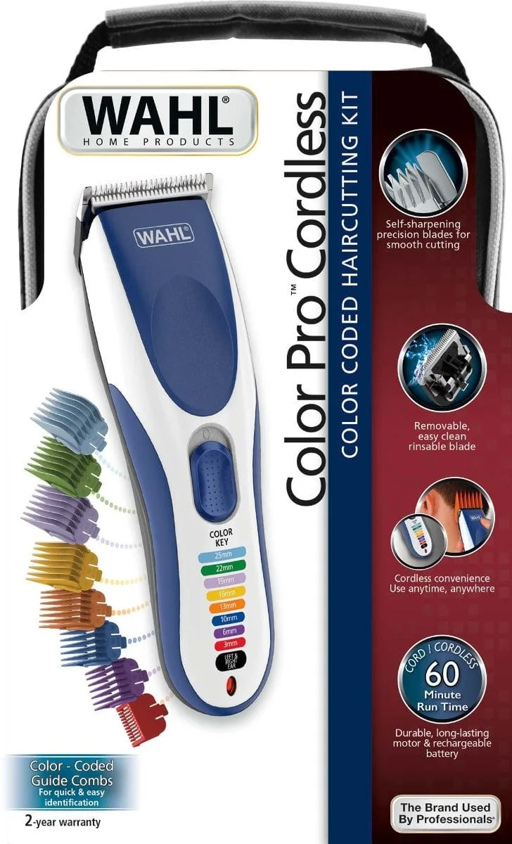 Набор для стрижки WAHL Color Pro беспроводной, сетевой + аккумуляторный, расческа, ножницы, нержавеющая сталь, синий