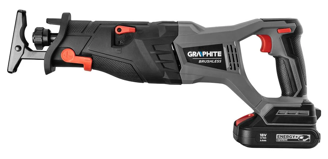 Акумуляторна шабельна пила GRAPHITE Energy+ 18В, глибина пропилу 120мм, хід 28мм, вага 2.64кг (без батареї та зарядного пристрою)