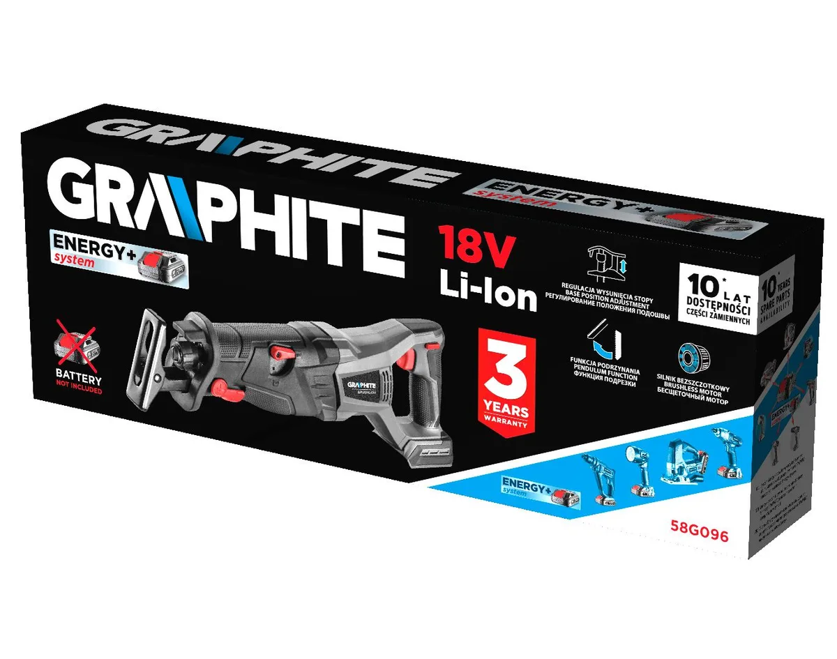 Акумуляторна шабельна пила GRAPHITE Energy+ 18В, глибина пропилу 120мм, хід 28мм, вага 2.64кг (без батареї та зарядного пристрою)