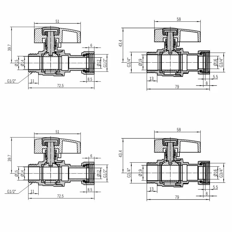 Комплект прямих кульових кранів 1/2"x3/4" латунь нікельований 400х260х350 мм