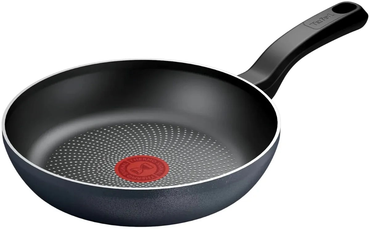 Сковорода Tefal So' Light, діаметр 22 см, виготовлена з алюмінію, з бакелітовою ручкою, чорного кольору.