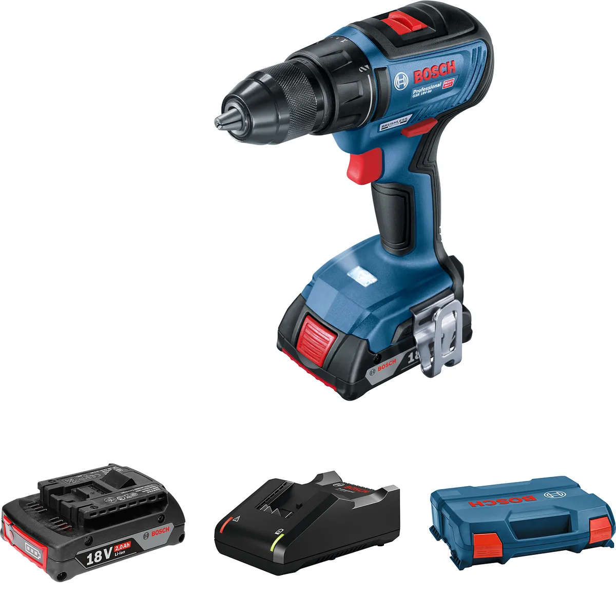 Акумуляторний шуруповерт Bosch Professional GSR 18 V-50, 18В, 2 батареї по 2А·год, 50Нм, 460·1800 об/хв, вага 1 кг.