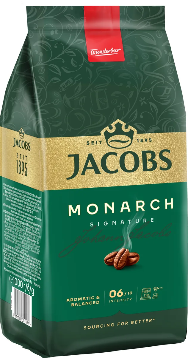 Кава Jacobs, зернова, 1000 г, Monarch, суміш арабіка та робуста.
