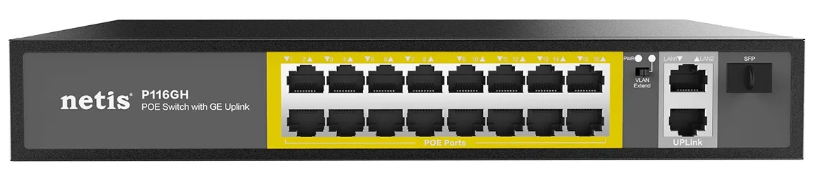 Комутатор Netis P116GH 16xFE PoE, 3xGE (2xUplink, 1xSFP), 240Вт, Некерований