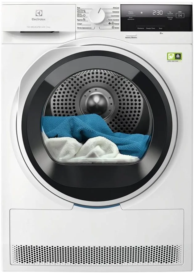 Сушильна машина Electrolux з тепловим насосом, 9 кг, клас енергоефективності A+++, 64 см, з дисплеєм, інверторна, біла.