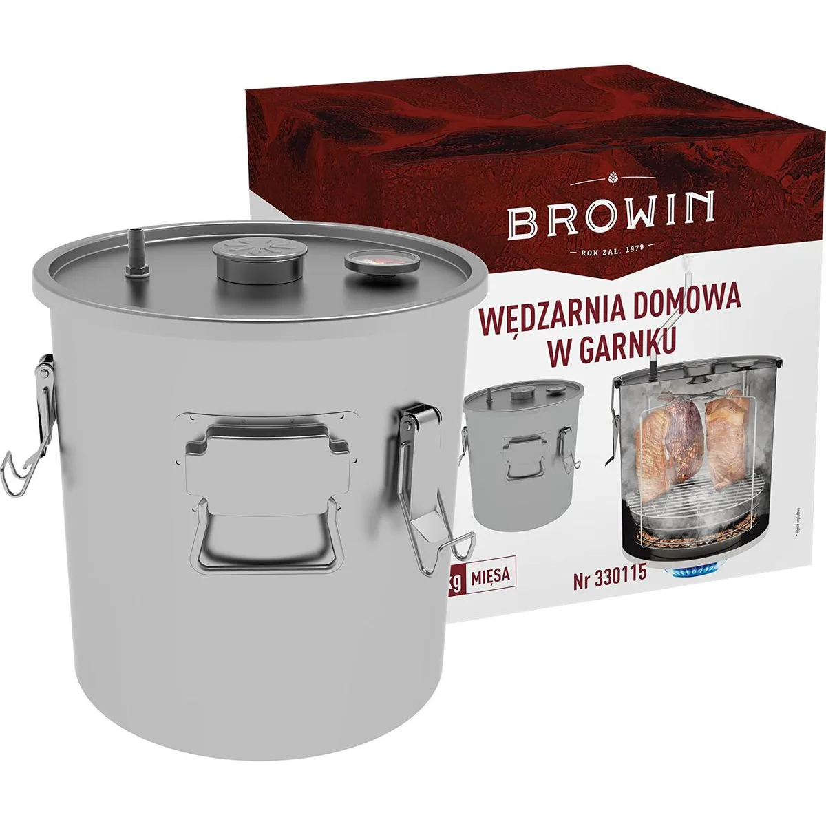 Коптильня Browin з нержавіючої сталі 18 л для газової плити на 5 кг м'яса.