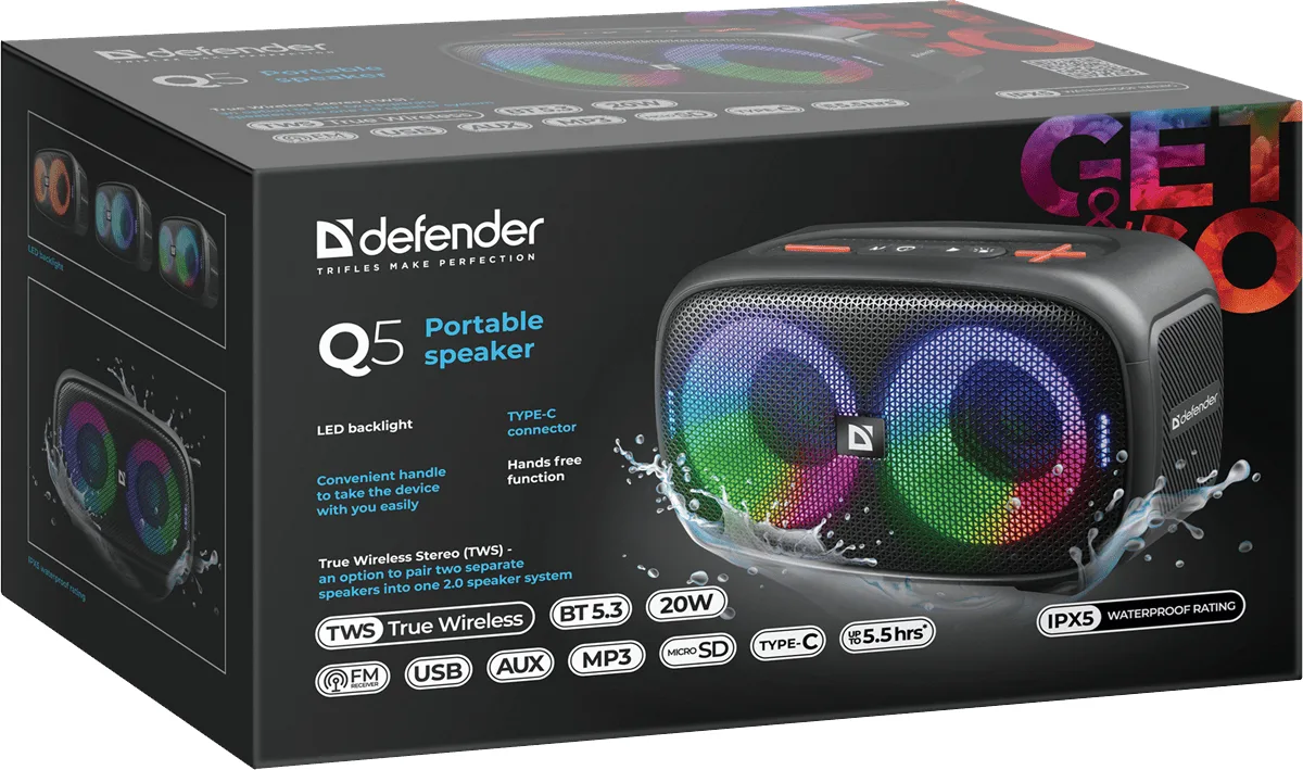 Портативна акустика Defender пластик 9,6х11,7х20,5 см чорна 20 Вт Bluetooth 5.3
