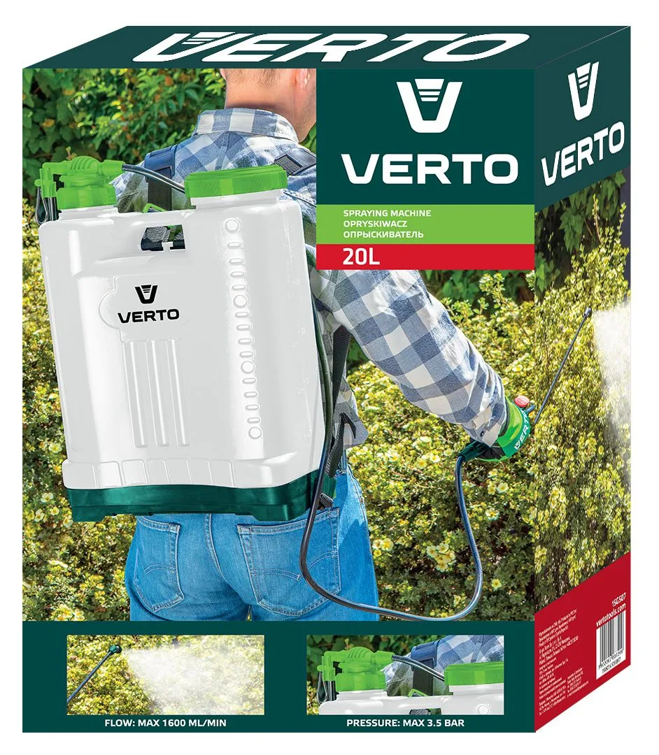 Ручний обприскувач Verto 20 л, тиск 3.5 бар, продуктивність 1.6 л/хв, вага 4.1 кг.