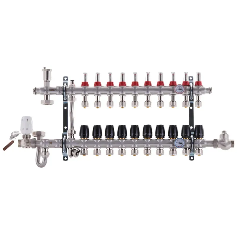 Коллектор 1" Koer KR.S1011-10 с встроенным смешивающим узлом 10 контуров Нержавеющая сталь 845 мм Стальной