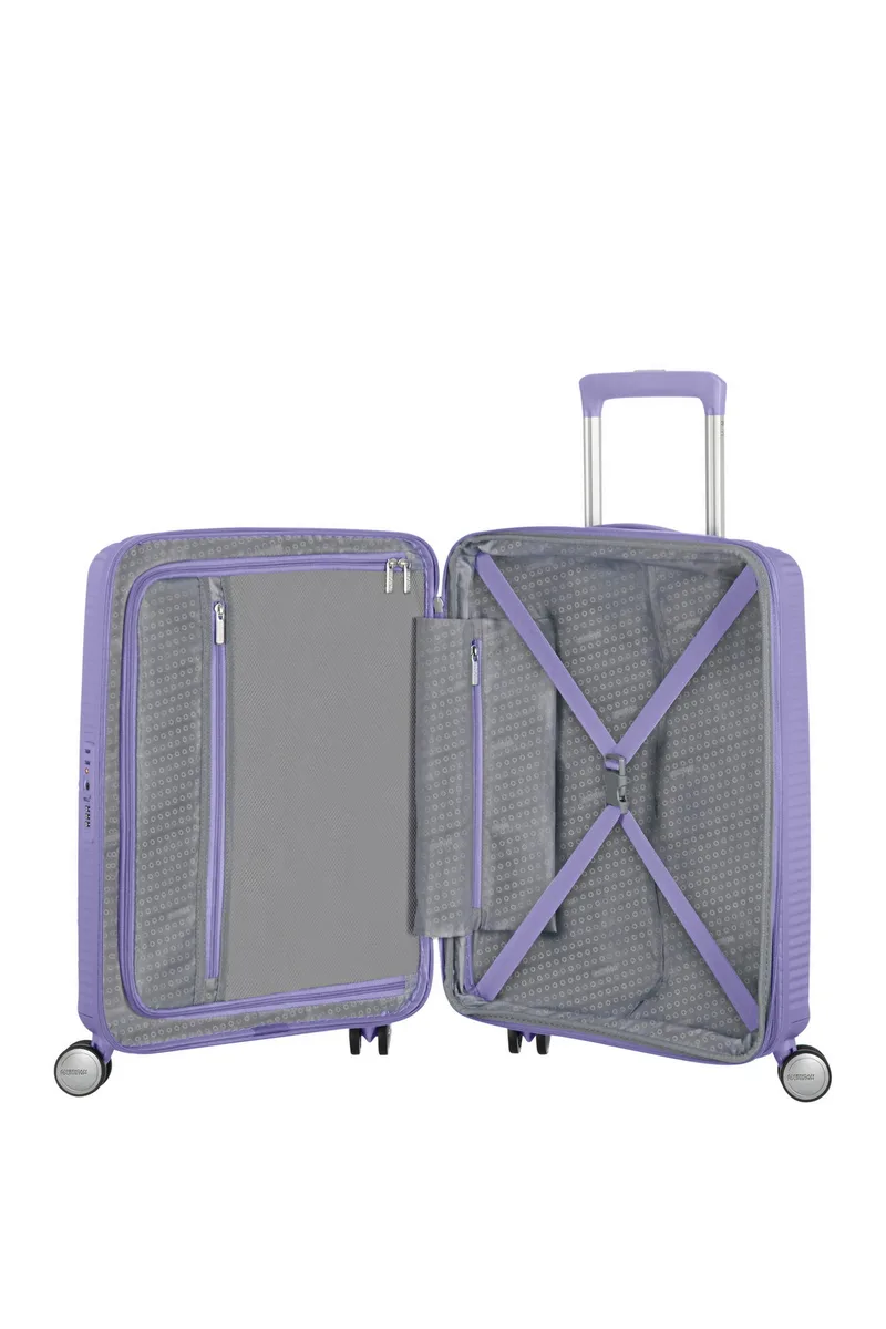 Вализа American Tourister, Soundbox, полипропилен, малая, 55 см, 35.5/41 л, TSA, 4 колеса, EXP, лавандовая