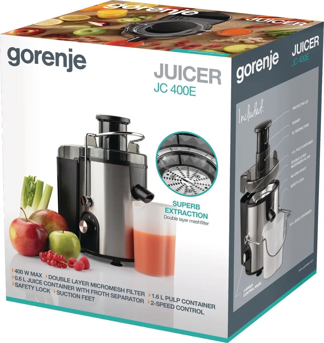 Соковыжималка Gorenje, мощность 400 Вт, объем чаши 06 л, емкость для жмыха 16 л, желоб для целого яблока, материал: пластик/металл, черный