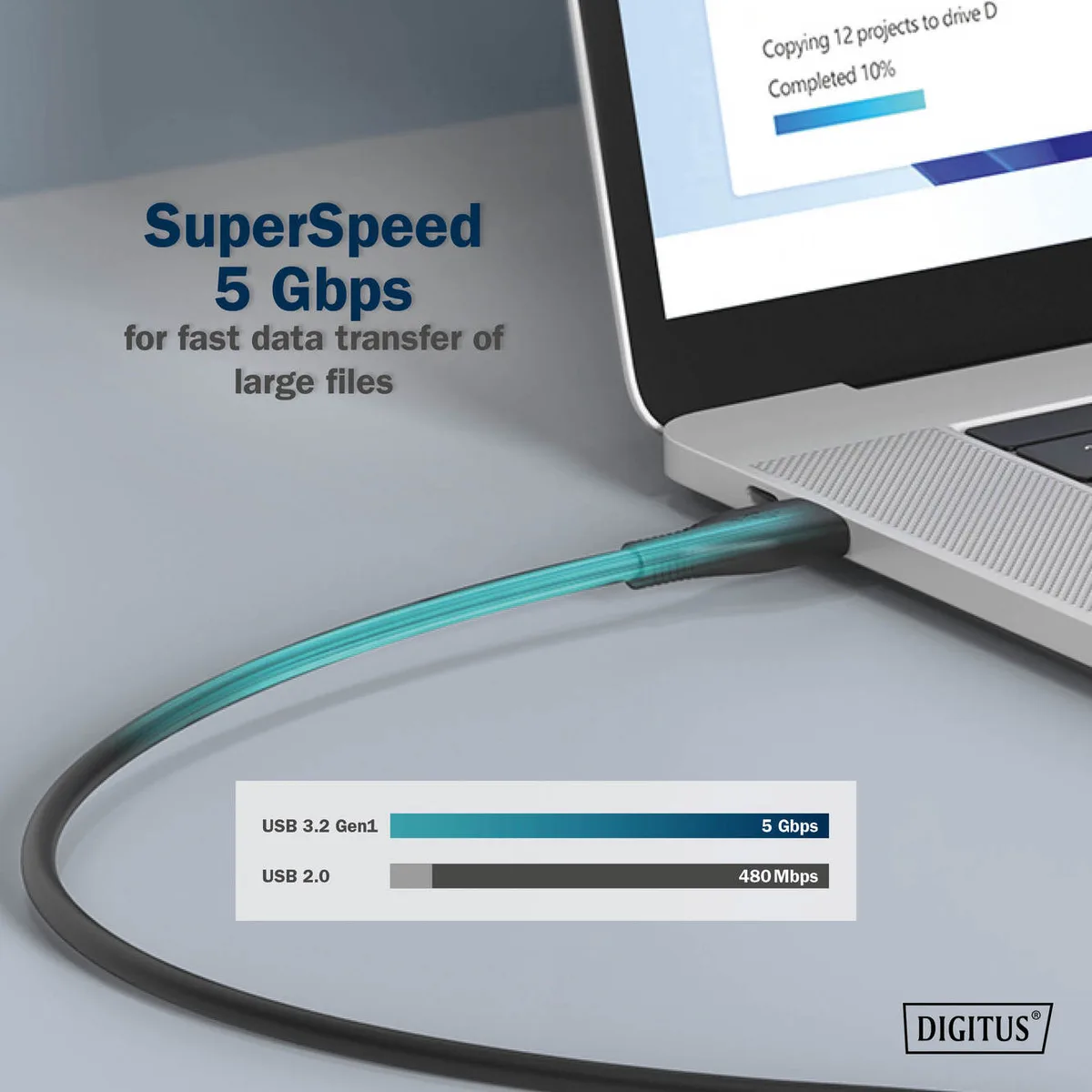 Кабель DIGITUS USB-C заряджання/синхронізації, USB 3.2 Gen 1, 5G, 100W, 4K, силіконовий, 2м, чорний