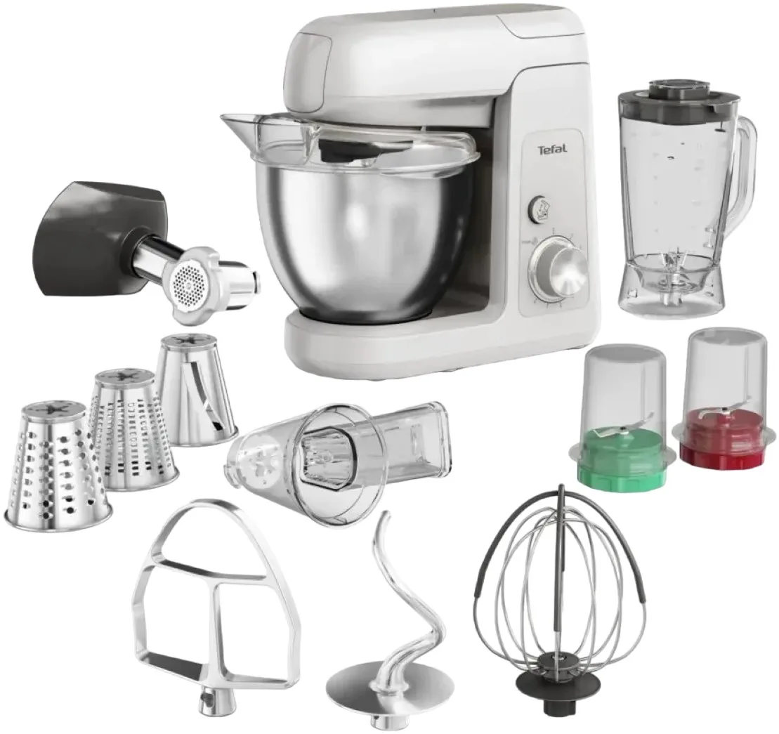 Кухонний комбайн Tefal Bake Partner 1100Вт, металева чаша, пластиковий корпус, 8 насадок, білий.