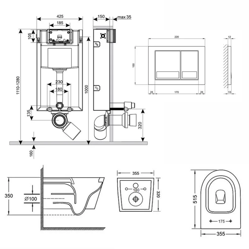 Подвесной унитаз Qtap Swan Rimless комплект инсталляции керамика 350x355x515 мм белый