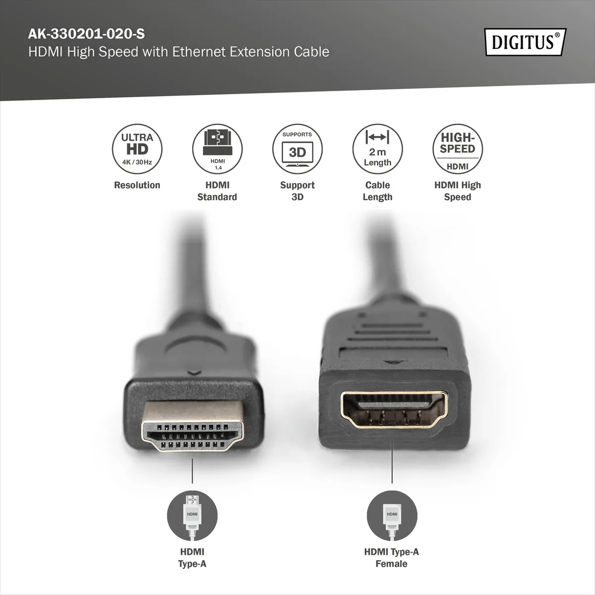 Кабель DIGITUS HDMI High speed + Ethernet (AM/AF) 2.0м, чорний