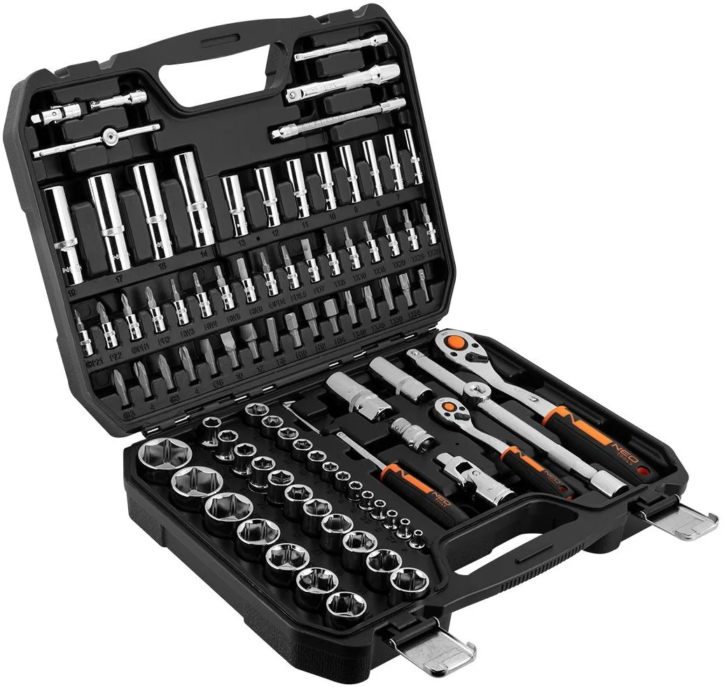Набір інструментів Neo Tools, набір торцевих головок, 1/2", 1/4", CrV, кейс, 94шт