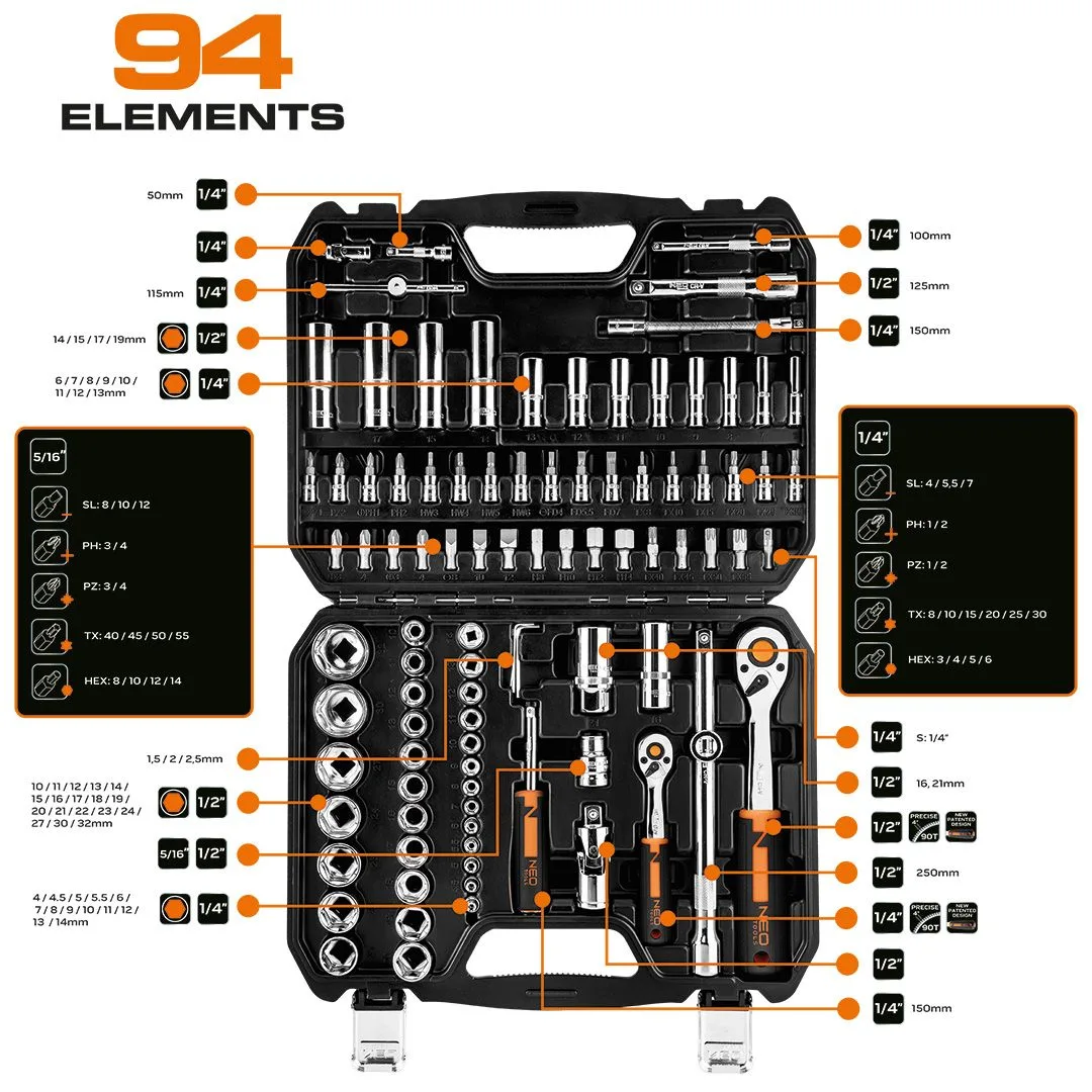 Набор инструментов Neo Tools, набор торцевых головок, 1/2", 1/4", CrV, кейс, 94шт