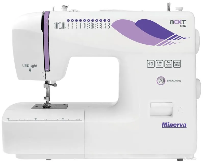 Швейна машина MINERVA Next 141D, електромеханічна, 85 Вт, 14 видів швів, напівавтоматична петля, білий з фіолетовим.