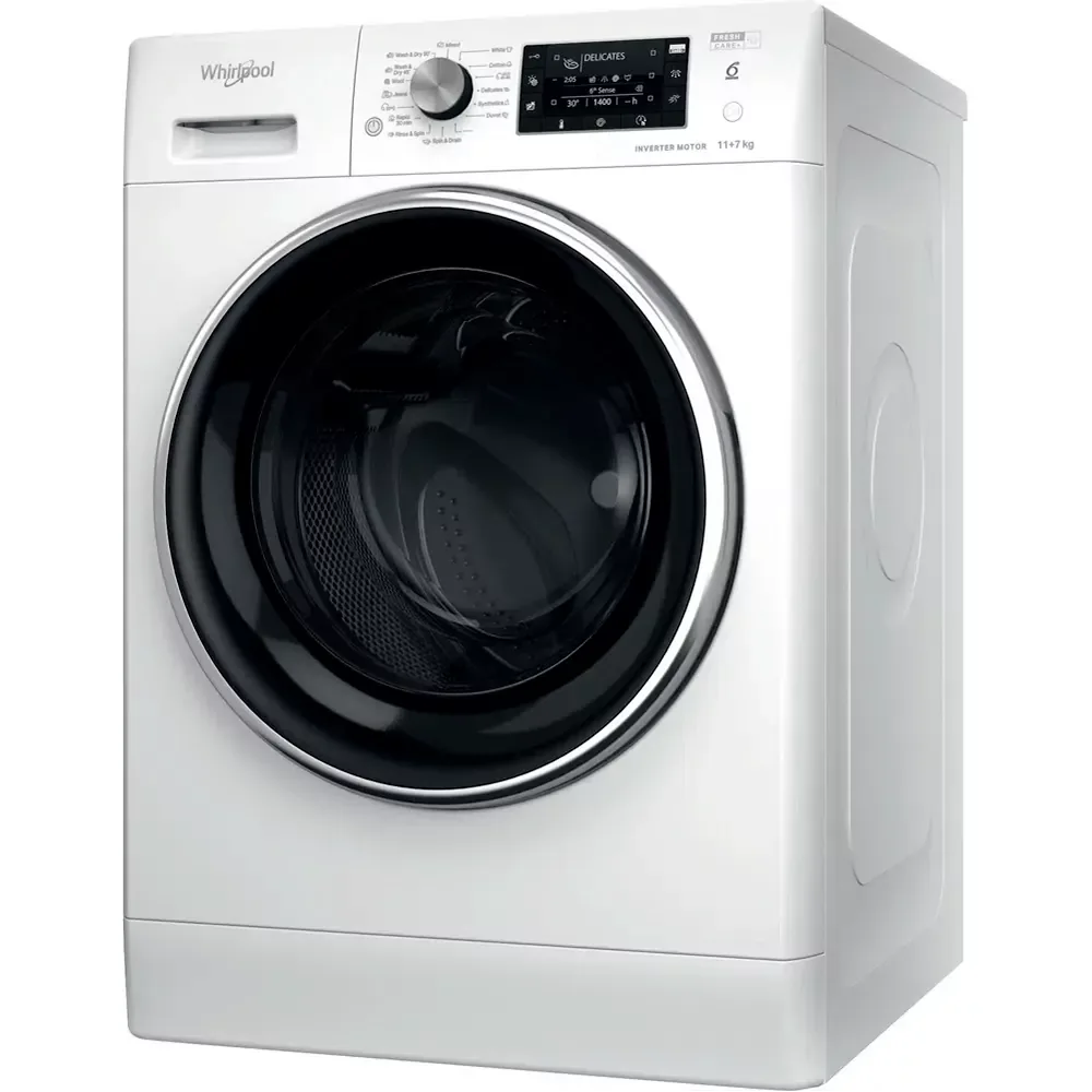 Фронтальна прально-сушильна машина Whirlpool, 11(7)кг, 1600 об/хв, клас A, 60 см, з дисплеєм, функцією пари та інвертором, біла.