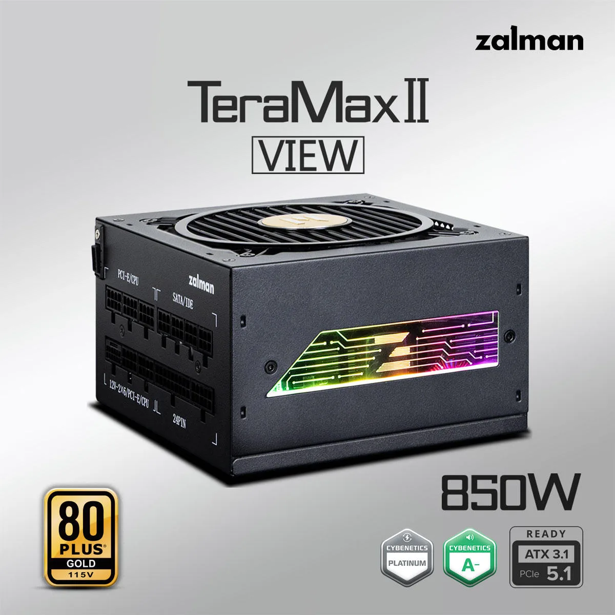 Блок питания Zalman Teramax 2 View (850W) 99%, 80+ Gold, 120мм, 1xMB 24pin(18+10), 2xCPU(4+4 pin), 3xMolex, 12xSATA, 4xPCIe 8pin(6+2), 1xPCIe GEN5 16pin, 1x +5V ARGB кабель, Полностью модуль