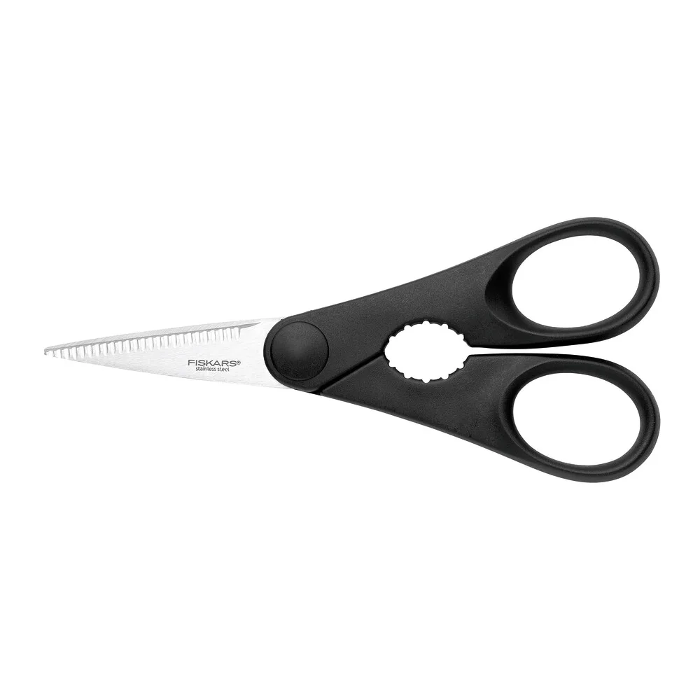 Кухонні ножиці Fiskars Essential з функцією відкривачки для пляшок, 20 см, з нержавіючої сталі та пластиковою ручкою, чорного коль