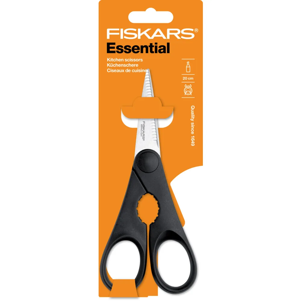 Кухонні ножиці Fiskars Essential з функцією відкривачки для пляшок, 20 см, з нержавіючої сталі та пластиковою ручкою, чорного коль