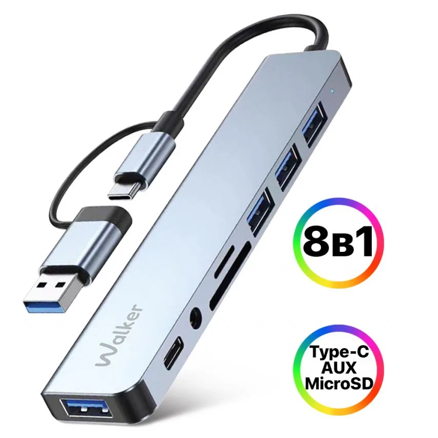 USB-хаб 8в1 WALKER алюмінієвий 135х205 мм сірий
