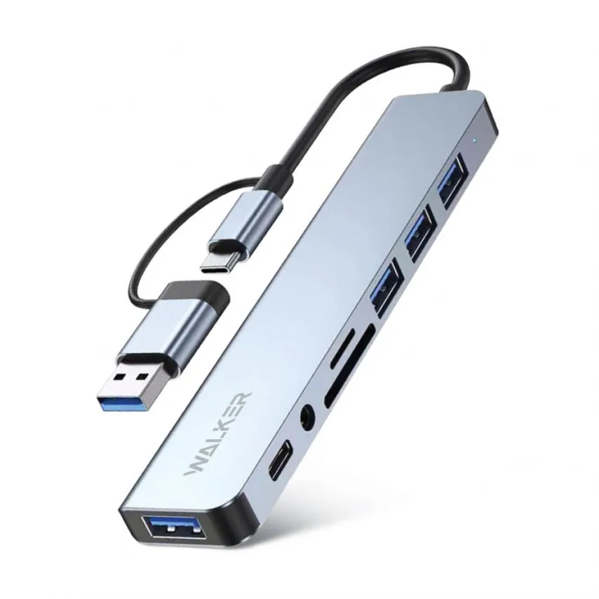 USB-хаб 8в1 WALKER алюмінієвий 135х205 мм сірий