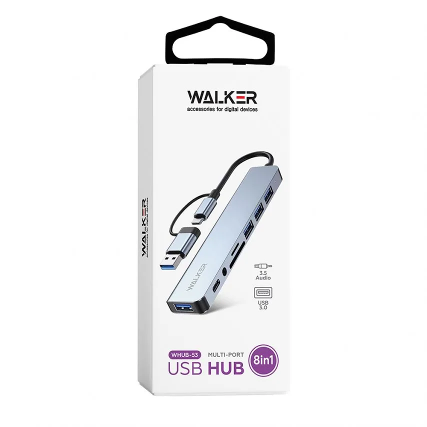 USB-хаб 8в1 WALKER алюмінієвий 135х205 мм сірий