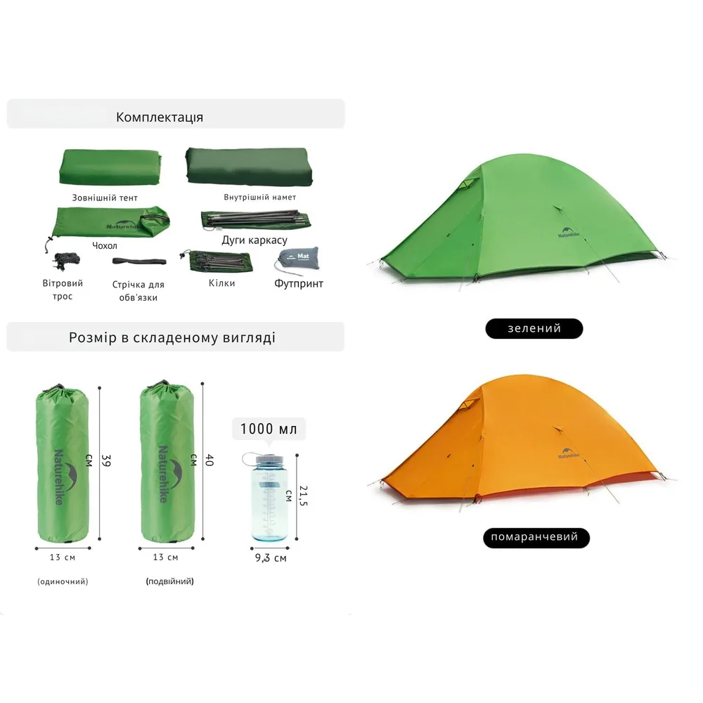 Намет надлегкий Naturehike поліестер 270х90х105 см зелений