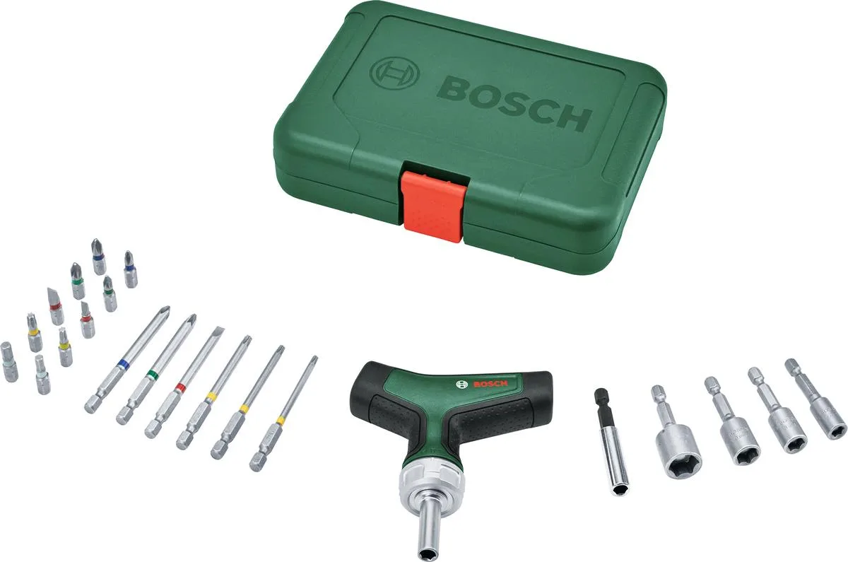 Викрутка Bosch з тріскачкою, Т-подібним руків'ям, 20 насадками, 109 мм, в кейсі, з сталі CrV.