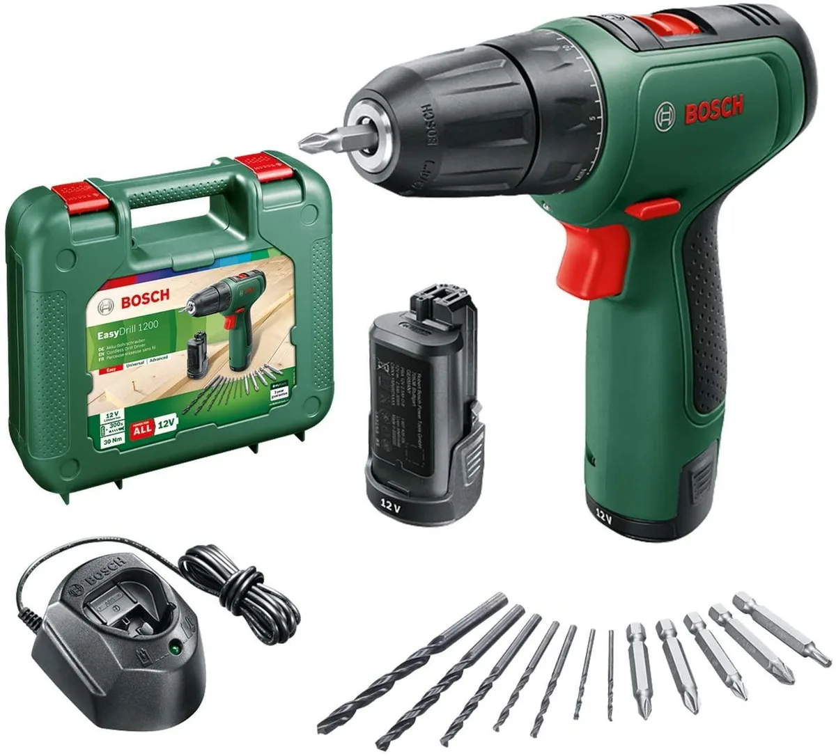 Акумуляторний шуруповерт Bosch EasyDrill 1200 12В, 2х1.5А·год, 30Нм, 0-400·1500об/хв, 0.94кг, комплект свердел.