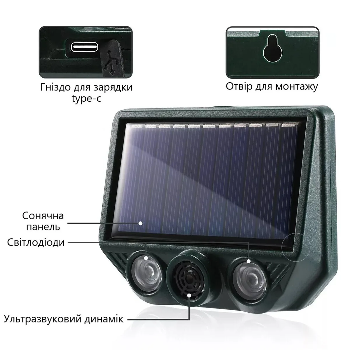 Відлякувач тварин і птахів на сонячній батареї ABS 500 мАч IP44 Чорний
