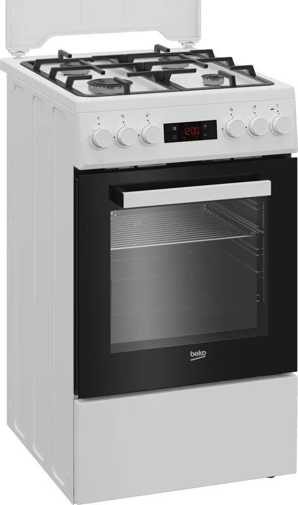 Плита Beko комбінована 60л газова варильна поверхня з електричною духовкою чавунні решітки біла