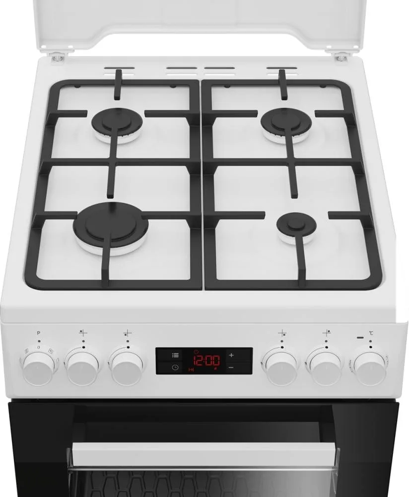 Плита Beko комбінована 60л газова варильна поверхня з електричною духовкою чавунні решітки біла