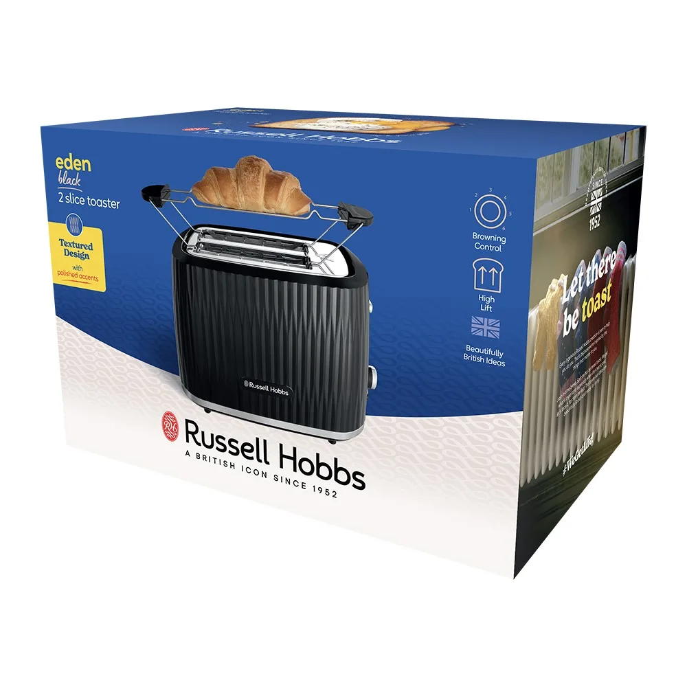 Тостер Russell Hobbs Eden 800Вт, пластиковий, з функціями підігріву та розморожування, чорного кольору.