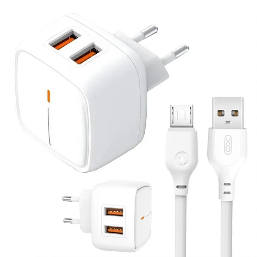 Мережевий зарядний пристрій XO 2USB 2.4A з кабелем Micro 1м Білий