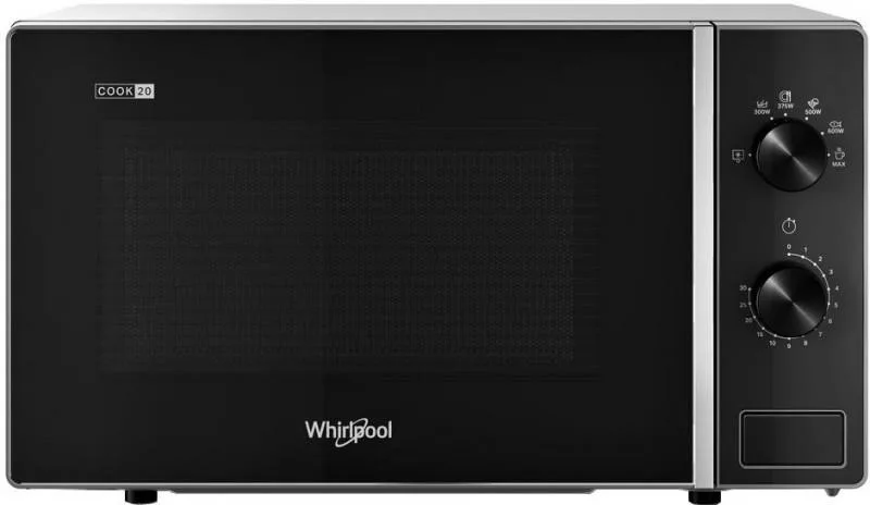 Мікрохвильова піч Whirlpool, об'ємом 20 літрів, з механічним управлінням, потужністю 700 Вт, чорного кольору.