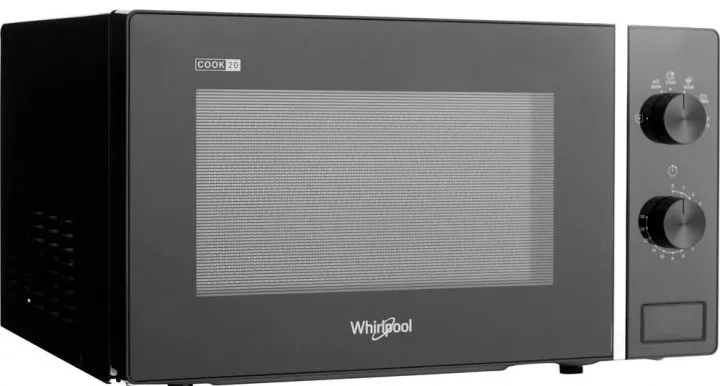 Мікрохвильова піч Whirlpool, об'ємом 20 літрів, з механічним управлінням, потужністю 700 Вт, чорного кольору.